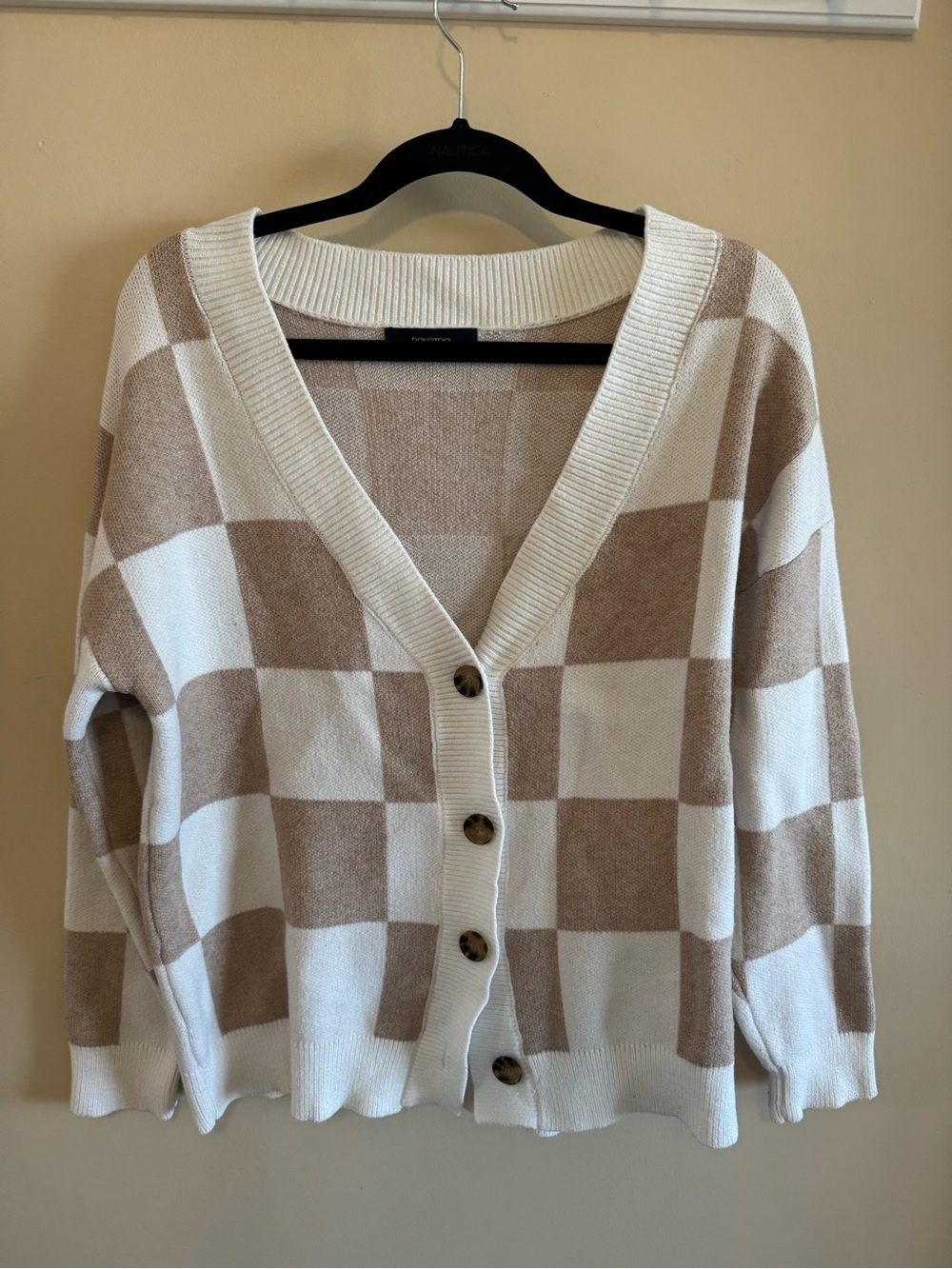 Checkerboard V-Neck Button Cardigan